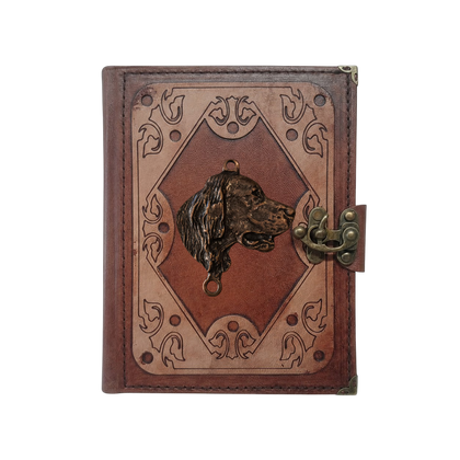 Genuine Sheepskin Leather Journal, Blank Chamois Paper | Layered Frame | Antique Metal Motif | Dog Head