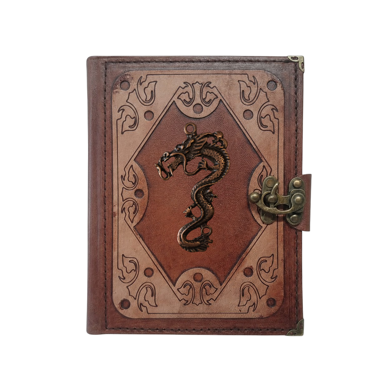 Genuine Sheepskin Leather Journal, Blank Chamois Paper | Layered Frame | Antique Metal Motif | Asian Serpent Dragon