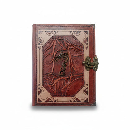 Genuine Sheepskin Leather Journal, Blank Chamois Paper | Wrinkled Classic Frame | Antique Metal Motif | Asian Serpent Dragon