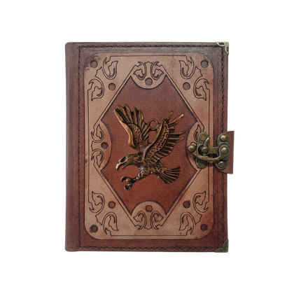 Genuine Sheepskin Leather Journal, Blank Chamois Paper | Layered Frame | Antique Metal Motif | Flying Eagle