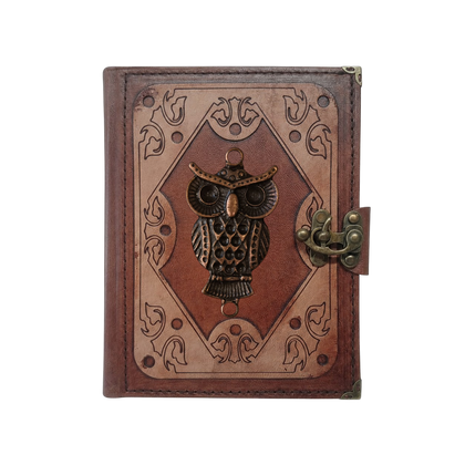 Genuine Sheepskin Leather Journal, Blank Chamois Paper | Layered Frame | Antique Metal Motif | Wise Owl