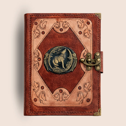 Genuine Sheepskin Leather Journal, Blank Chamois Paper | Layered Frame | Antique Resin Motif | Howling Wolf