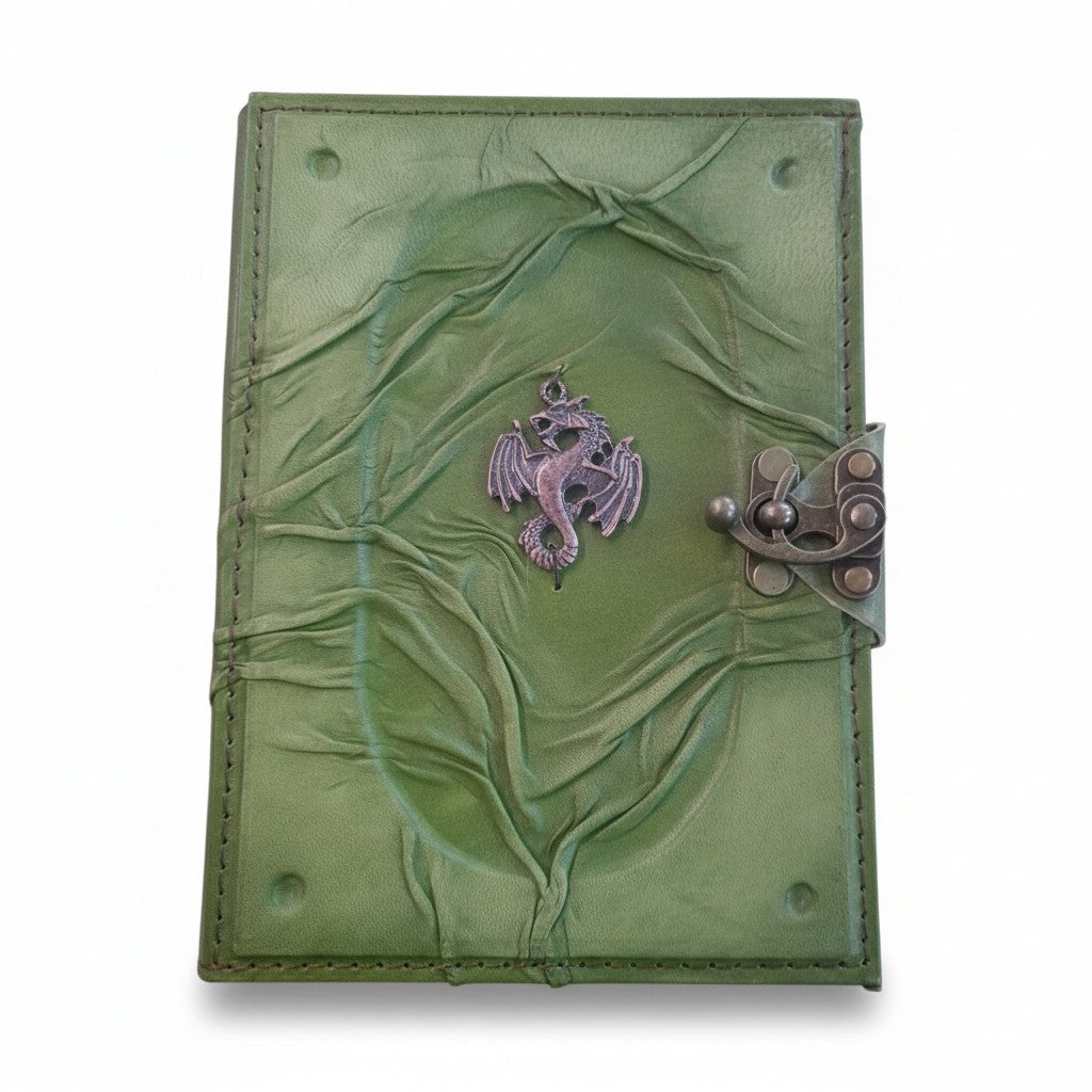 Colored Genuine Sheepskin Leather Journal, Blank Chamois Paper | Wrinkled Embossed Frame | Antique Metal Motif | Winged Serpent Dragon - Ex Mini - Yellow