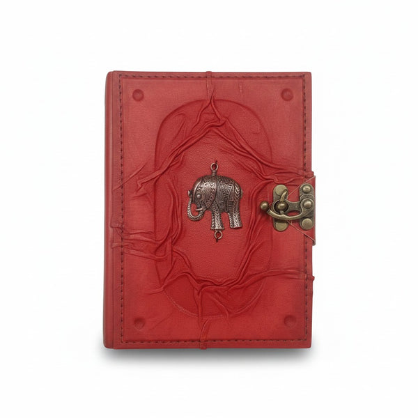 Colored Genuine Sheepskin Leather Journal, Blank Chamois Paper | Wrinkled Embossed Frame | Antique Metal Motif | Elephant - Ex Mini - Red