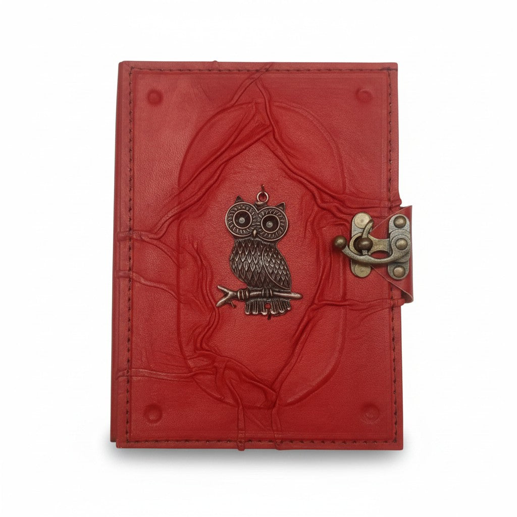 Colored Genuine Sheepskin Leather Journal, Blank Chamois Paper | Wrinkled Embossed Frame | Antique Metal Motif | Perched Owl - Ex Mini - Yellow