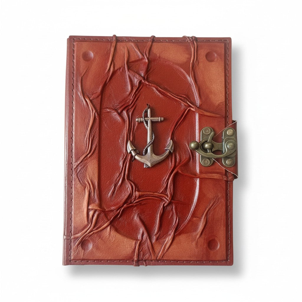 Colored Genuine Sheepskin Leather Journal, Blank Chamois Paper | Wrinkled Embossed Frame | Antique Metal Motif | Nautical Anchor - Ex Mini - Yellow