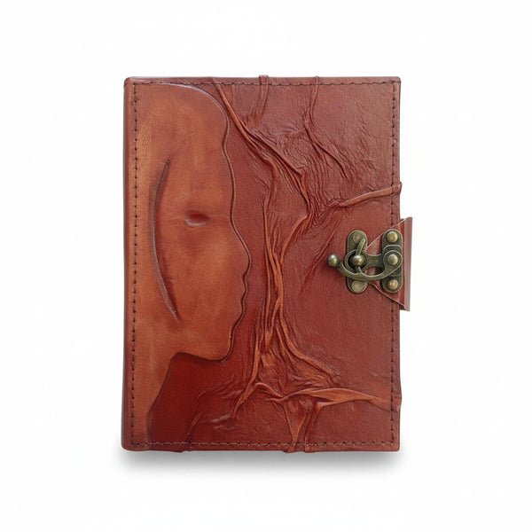 Colored Genuine Sheepskin Leather Journal, Blank Chamois Paper | Wrinkled Embossed | Leather Relief | Abstract Face Profile Relief - Ex Mini - Yellow