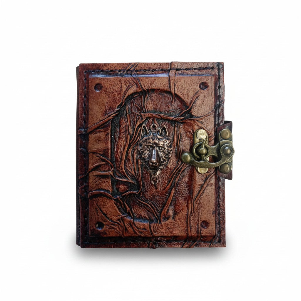 Genuine Sheepskin Leather Journal, Blank Chamois Paper | Wrinkled Embossed Frame | Antique Resin Motif | Wolf Head