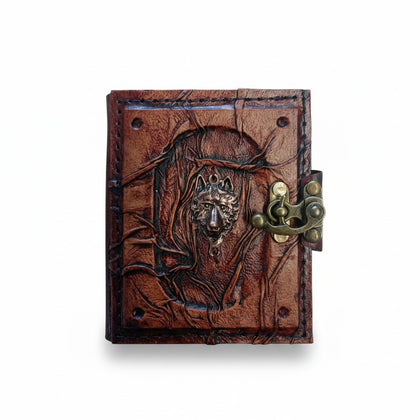 Genuine Sheepskin Leather Journal, Blank Chamois Paper | Wrinkled Embossed Frame | Antique Metal Motif | Wolf Head