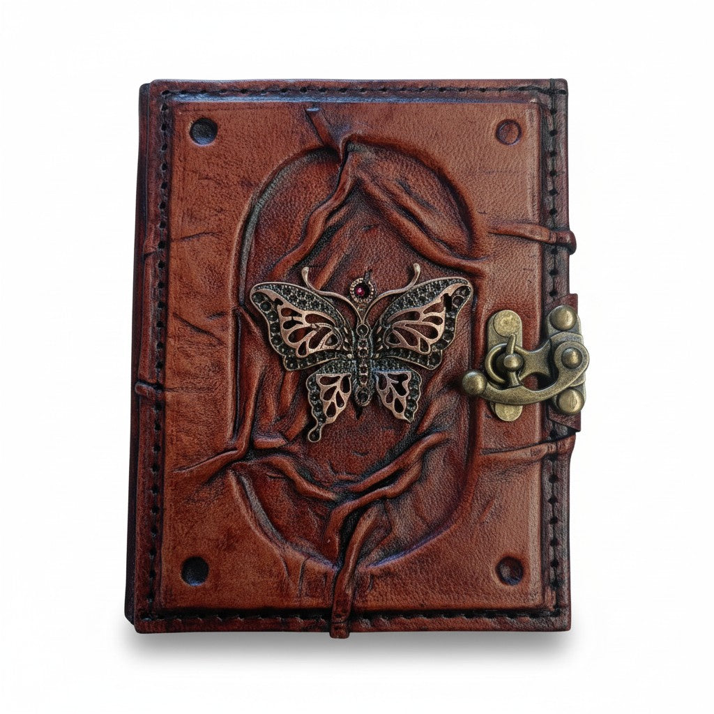 Genuine Sheepskin Leather Journal, Blank Chamois Paper | Wrinkled Embossed Frame | Antique Metal Motif | Petite Vintage Butterfly