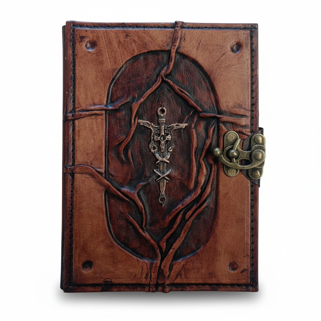 Genuine Sheepskin Leather Journal, Blank Chamois Paper | Wrinkled Embossed Frame | Antique Metal Motif | Gothic Sword & Skull