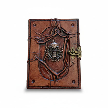 Genuine Sheepskin Leather Journal, Blank Chamois Paper | Wrinkled Embossed Frame | Antique Metal Motif | Jolly Roger Skull