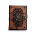 Genuine Sheepskin Leather Journal, Blank Chamois Paper | Wrinkled Embossed Frame | Antique Metal Motif | Perched Owl