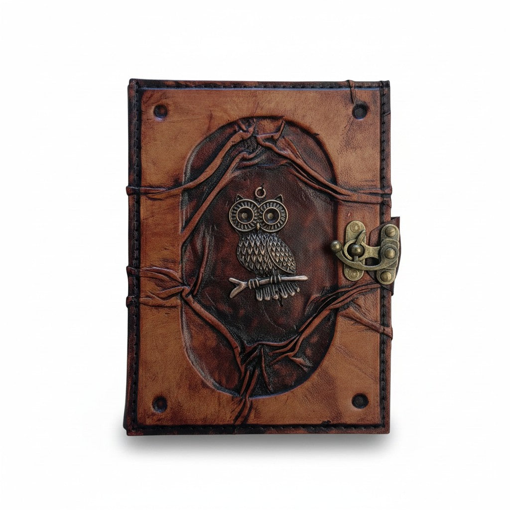 Genuine Sheepskin Leather Journal, Blank Chamois Paper | Wrinkled Embossed Frame | Antique Metal Motif | Perched Owl