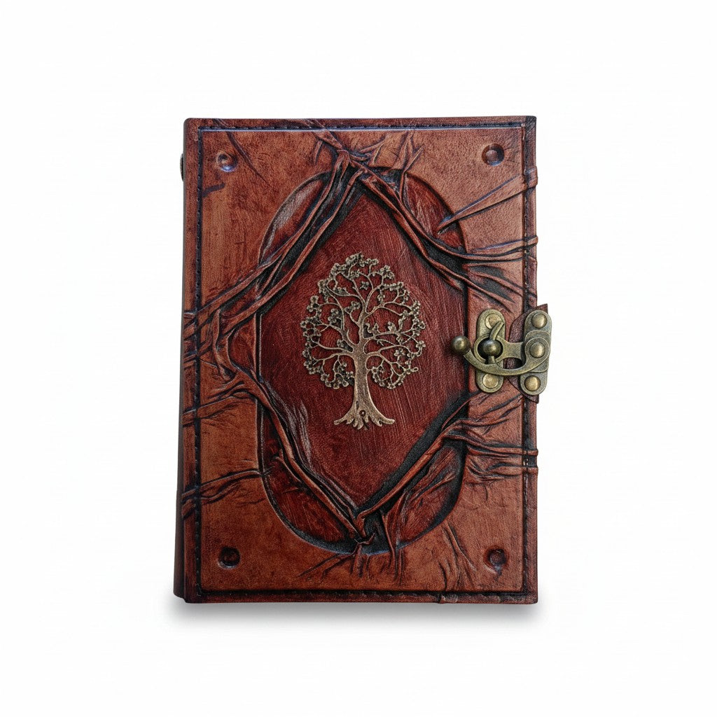 Hakiki Koyun Derisi Defter, Boş Güderi Kağıt | Buruşuk Kabartmalı Çerçeve | Antik Reçine Motif | Sarılan Aşıklar Hayat Ağacı