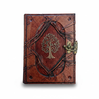 Genuine Sheepskin Leather Journal, Blank Chamois Paper | Wrinkled Embossed Frame | Antique Metal Motif | Woodland Tree of Life