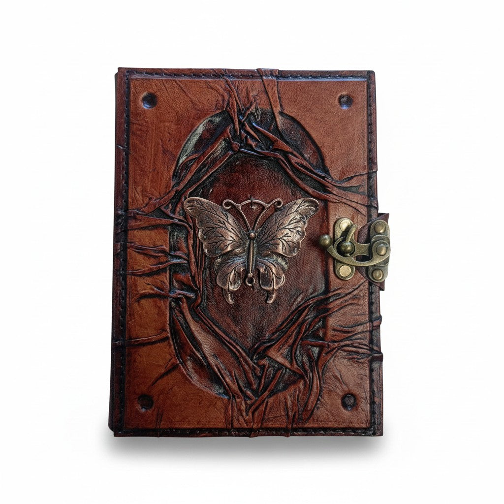 Genuine Sheepskin Leather Journal, Blank Chamois Paper | Wrinkled Embossed Frame | Antique Metal Motif | Vintage Butterfly