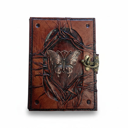 Genuine Sheepskin Leather Journal, Blank Chamois Paper | Wrinkled Embossed Frame | Antique Metal Motif | Vintage Butterfly