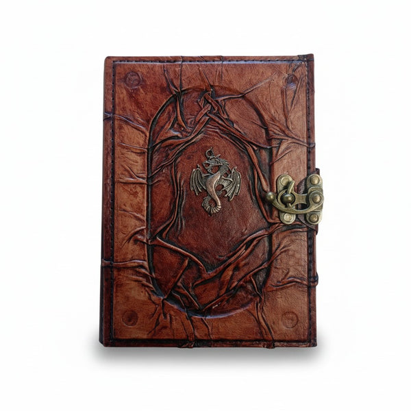Genuine Sheepskin Leather Journal, Blank Chamois Paper | Wrinkled Embossed Frame | Antique Metal Motif | Winged Serpent Dragon
