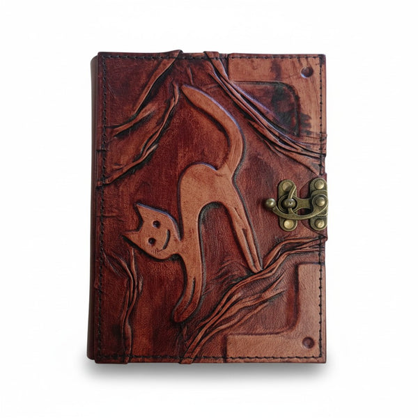 Genuine Sheepskin Leather Journal, Blank Chamois Paper | Wrinkled Embossed | Leather Relief | Stretching Cat Silhouette Relief