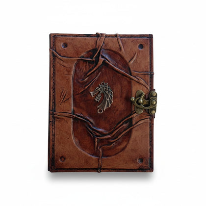 Genuine Sheepskin Leather Journal, Blank Chamois Paper | Wrinkled Embossed Frame | Antique Metal Motif | Dragon Head