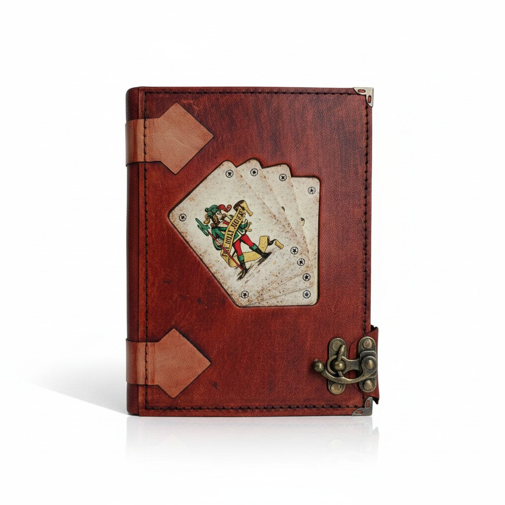 Genuine Sheepskin Leather Journal, Blank Chamois Paper | Rustic Flat Cover | Vintage Playing Cards Inlay | Jolly Joker Wild Playing Cards