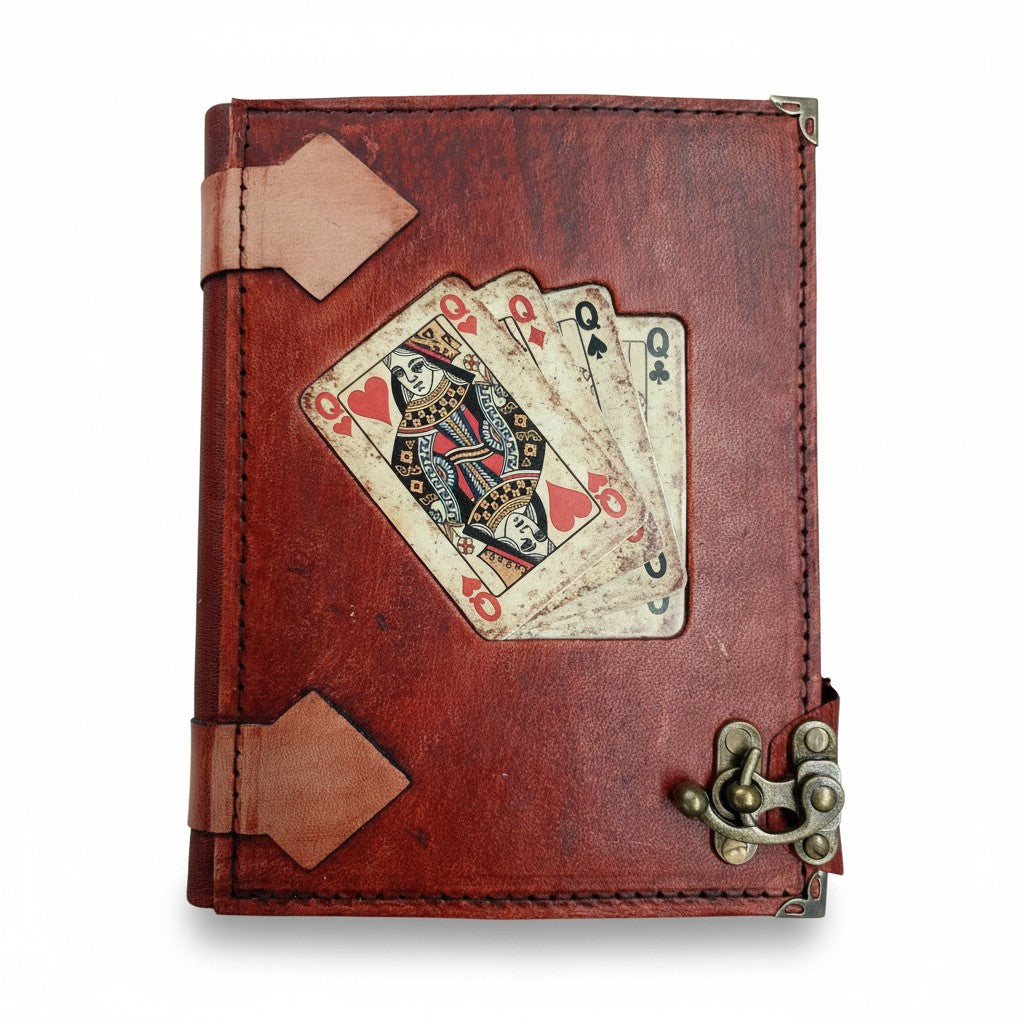 Genuine Sheepskin Leather Journal, Blank Chamois Paper | Rustic Flat Cover | Vintage Playing Cards Inlay | Four Queens Playing Cards