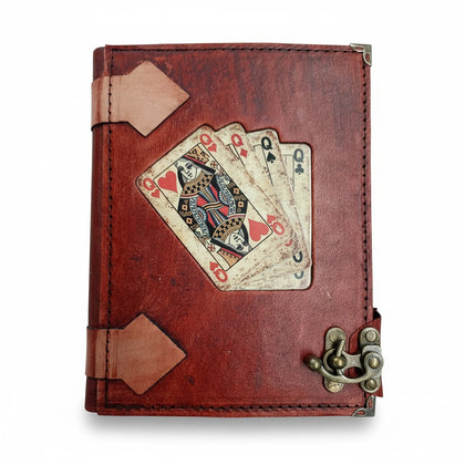 Genuine Sheepskin Leather Journal, Blank Chamois Paper | Rustic Flat Cover | Vintage Playing Cards Inlay | Four Queens Playing Cards
