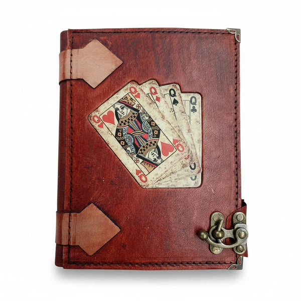 Genuine Sheepskin Leather Journal, Blank Chamois Paper | Rustic Flat Cover | Vintage Playing Cards Inlay | Four Queens Playing Cards