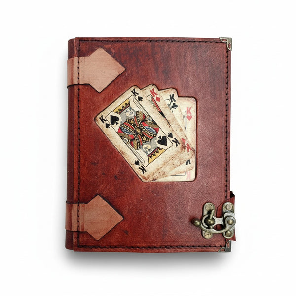Genuine Sheepskin Leather Journal, Blank Chamois Paper | Rustic Flat Cover | Vintage Playing Cards Inlay | Four Kings Player Cards