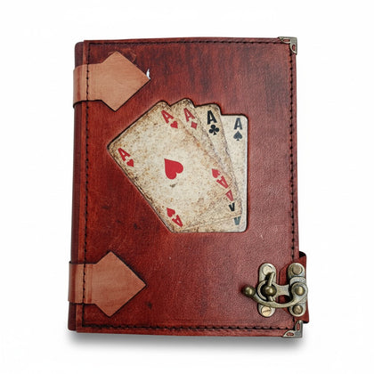 Genuine Sheepskin Leather Journal, Blank Chamois Paper | Rustic Flat Cover | Vintage Playing Cards Inlay | Four Aces Poker Hand Cards
