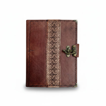Genuine Sheepskin Leather Journal, Blank Chamois Paper | Rustic Flat Cover | Layered Leather Overlay | Greek Key Meander Engraved