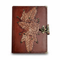 Genuine Sheepskin Leather Journal, Blank Chamois Paper | Rustic Flat Cover | Layered Leather Overlay | Plane Leaves Engraved