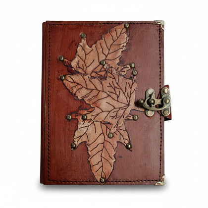 Genuine Sheepskin Leather Journal, Blank Chamois Paper | Rustic Flat Cover | Layered Leather Overlay | Plane Leaves Engraved