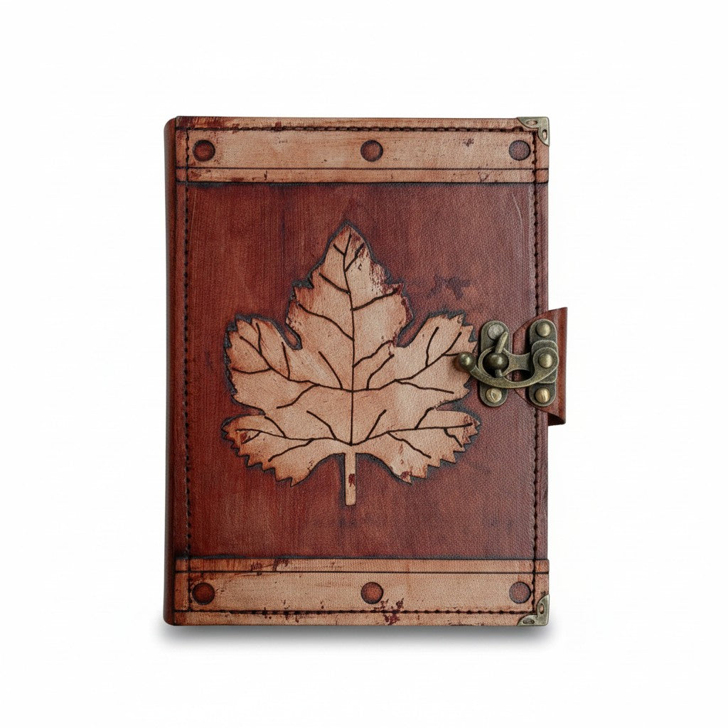 Genuine Sheepskin Leather Journal, Blank Chamois Paper | Rustic Flat Cover | Layered Leather Overlay | Plane Leaf Engraved