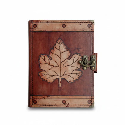 Genuine Sheepskin Leather Journal, Blank Chamois Paper | Rustic Flat Cover | Layered Leather Overlay | Plane Leaf Engraved