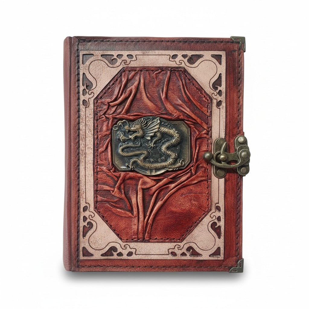 Genuine Sheepskin Leather Journal, Blank Chamois Paper | Wrinkled Classic Frame | Antique Resin Motif | Hexagonal Dragon
