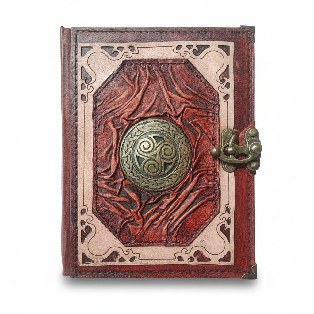 Genuine Sheepskin Leather Journal, Blank Chamois Paper | Wrinkled Classic Frame | Antique Resin Motif | Celtic Triskelion Shield