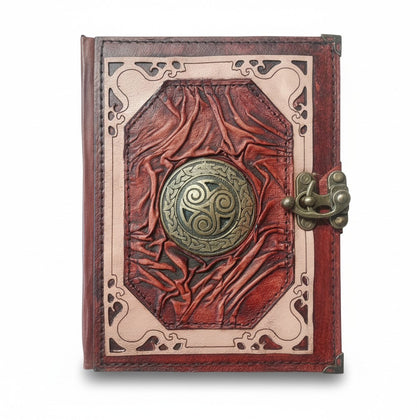 Genuine Sheepskin Leather Journal, Blank Chamois Paper | Wrinkled Classic Frame | Antique Resin Motif | Celtic Triskelion Shield