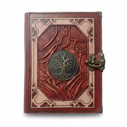Genuine Sheepskin Leather Journal, Blank Chamois Paper | Wrinkled Classic Frame | Antique Resin Motif | Tree of Life