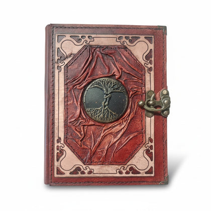 Genuine Sheepskin Leather Journal, Blank Chamois Paper | Wrinkled Classic Frame | Antique Resin Motif | Embracing Lovers Tree of Life