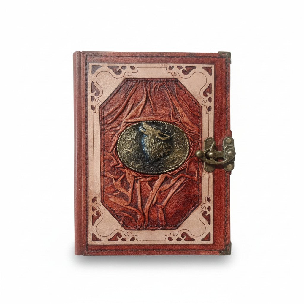 Genuine Sheepskin Leather Journal, Blank Chamois Paper | Wrinkled Classic Frame | Antique Resin Motif | Wolf Head