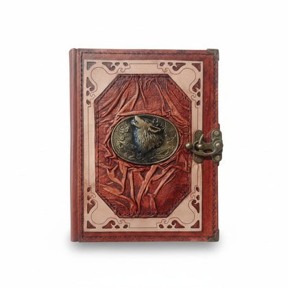 Genuine Sheepskin Leather Journal, Blank Chamois Paper | Wrinkled Classic Frame | Antique Resin Motif | Wolf Head