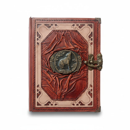 Genuine Sheepskin Leather Journal, Blank Chamois Paper | Wrinkled Classic Frame | Antique Resin Motif | Howling Wolf