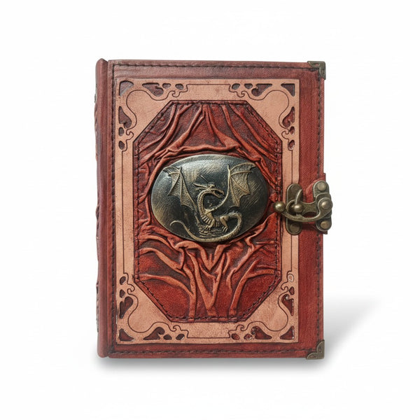 Genuine Sheepskin Leather Journal, Blank Chamois Paper | Wrinkled Classic Frame | Antique Resin Motif | Oval Winged Dragon