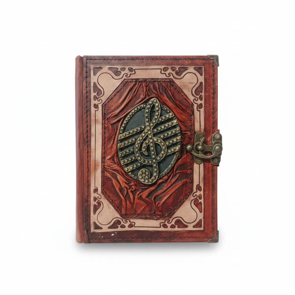 Genuine Sheepskin Leather Journal, Blank Chamois Paper | Wrinkled Classic Frame | Antique Resin Motif | Treble Clef