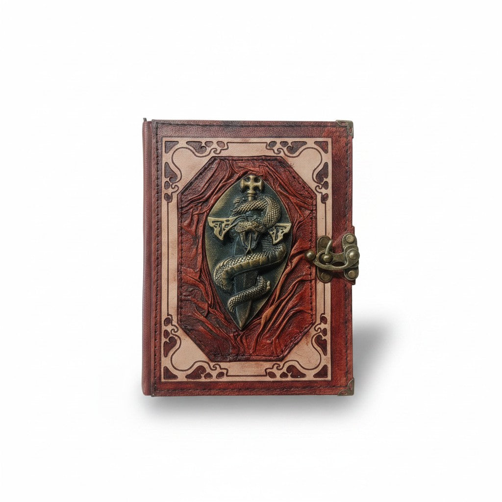 Genuine Sheepskin Leather Journal, Blank Chamois Paper | Wrinkled Classic Frame | Antique Resin Motif | Serpent Sword