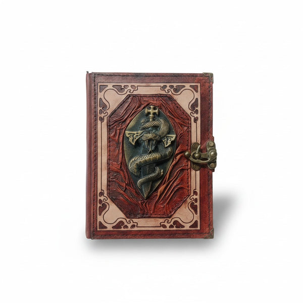 Genuine Sheepskin Leather Journal, Blank Chamois Paper | Wrinkled Classic Frame | Antique Resin Motif | Serpent Sword