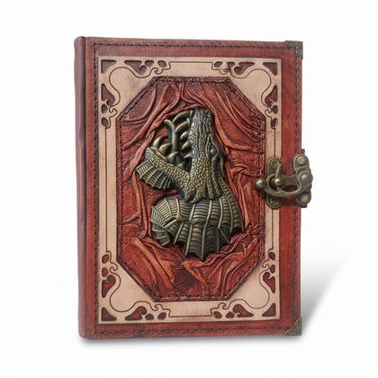 Genuine Sheepskin Leather Journal, Blank Chamois Paper | Wrinkled Classic Frame | Antique Resin Motif | Gothic Roaring Dragon Head