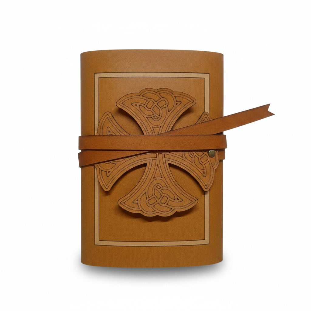 Genuine Yellow Sheepskin Leather Journal, Blank Chamois Paper | Laser Cut Wrap-Around Cover | Celtic Cross Engraved | Small